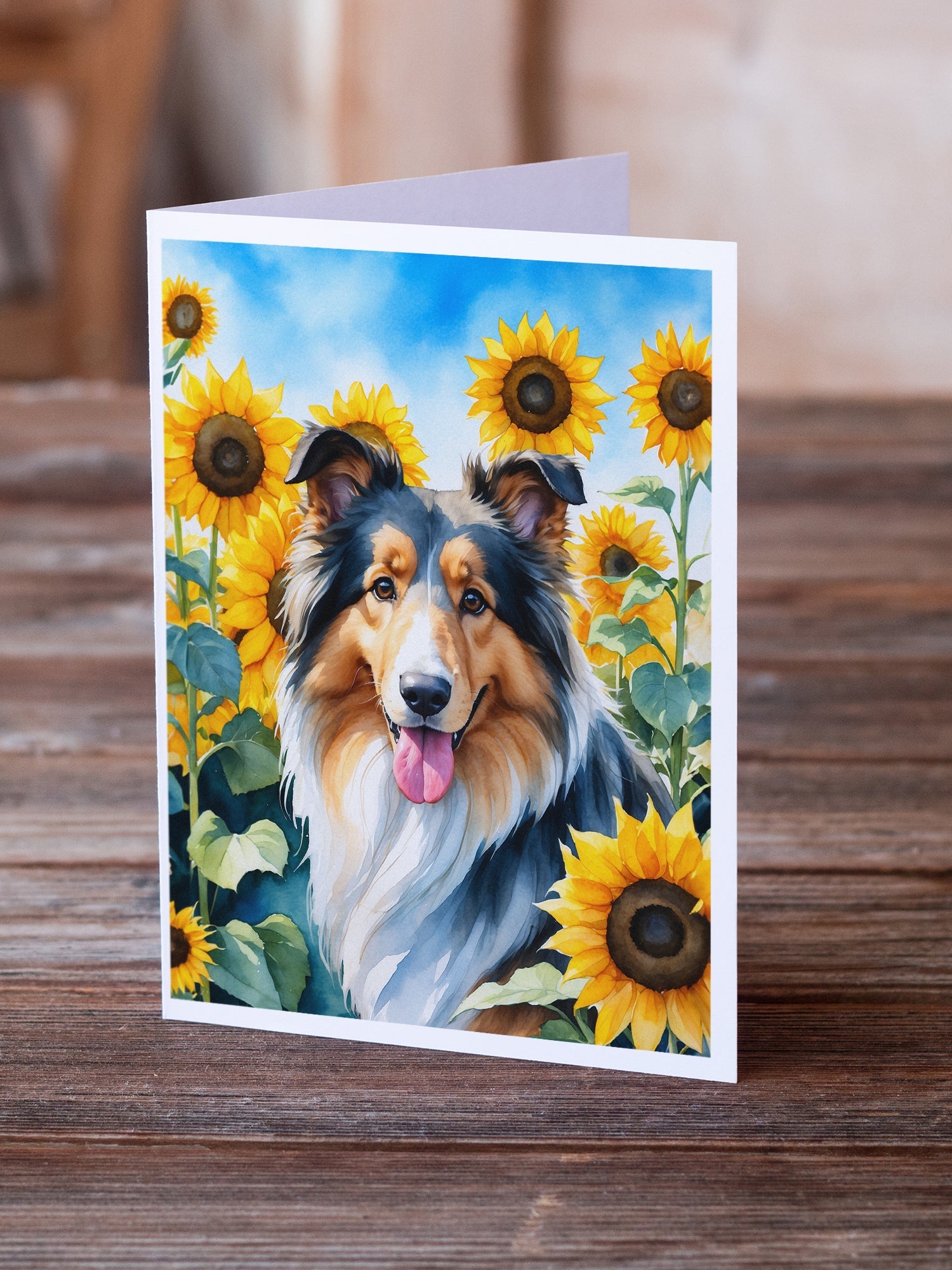 Collie in Sunflowers Greeting Cards Pack of 8 Blank Cards with Envelopes Whimsical A7 Size 5x7