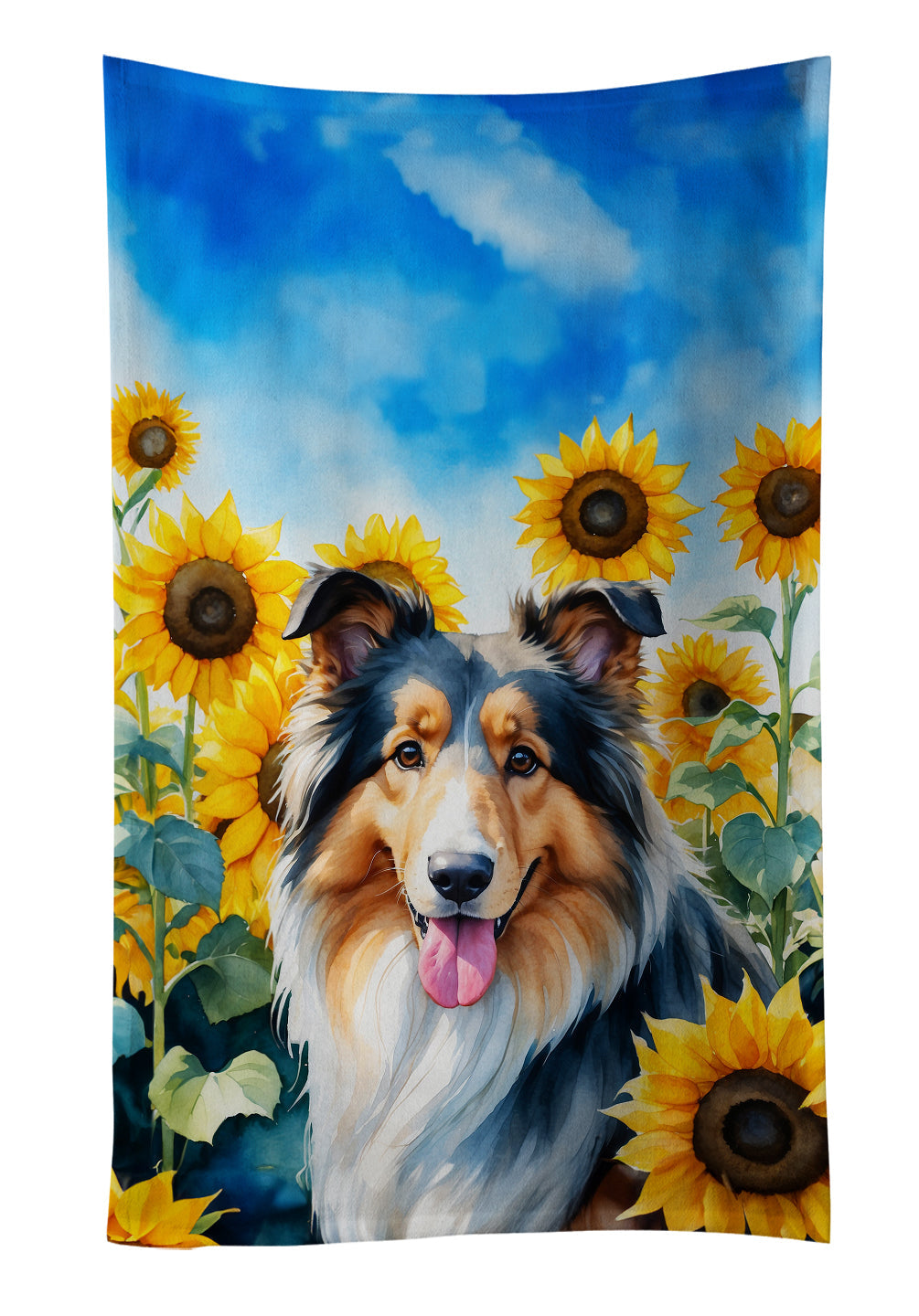 Collie in Sunflowers Kitchen Towel Velour Plush Front and Cotton Loop Back Machine Washable