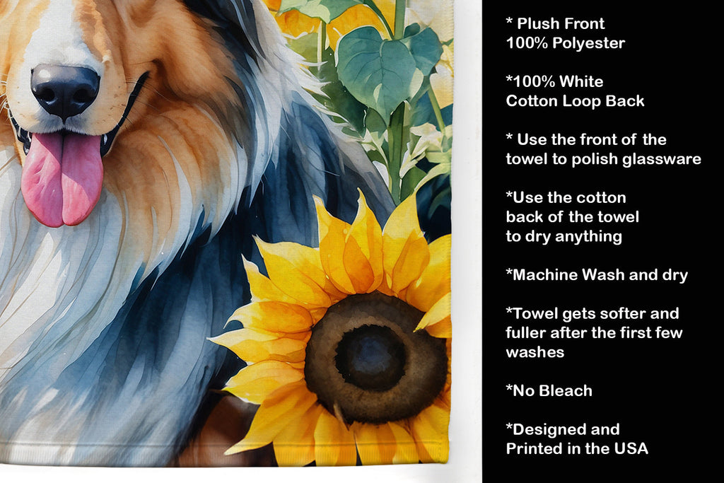 Collie in Sunflowers Kitchen Towel Velour Plush Front and Cotton Loop Back Machine Washable