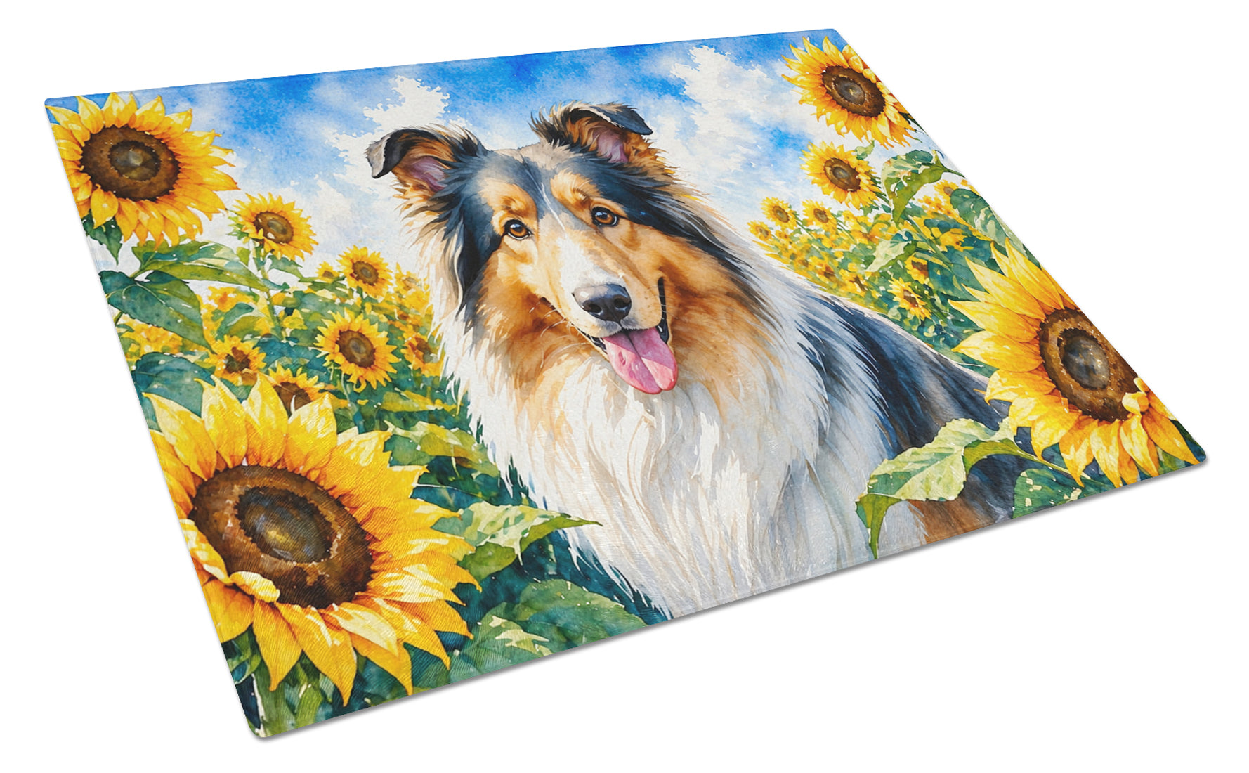Collie in Sunflowers Cutting Board Tempered Glass Kitchen Cutting Surface, Heat Resistant Chopping Board with Non-Slip Feet, Decorative Food Prep & Serving