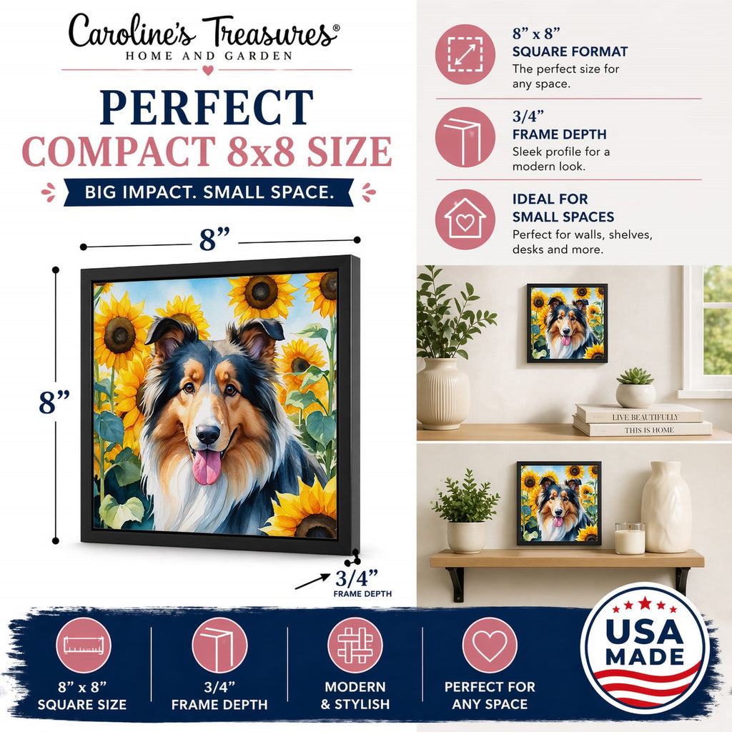 Collie in Sunflowers Framed Metal Print Bathroom, Kitchen, Office, Home Decor Wall Art Ready to Hang, Square, 8X8