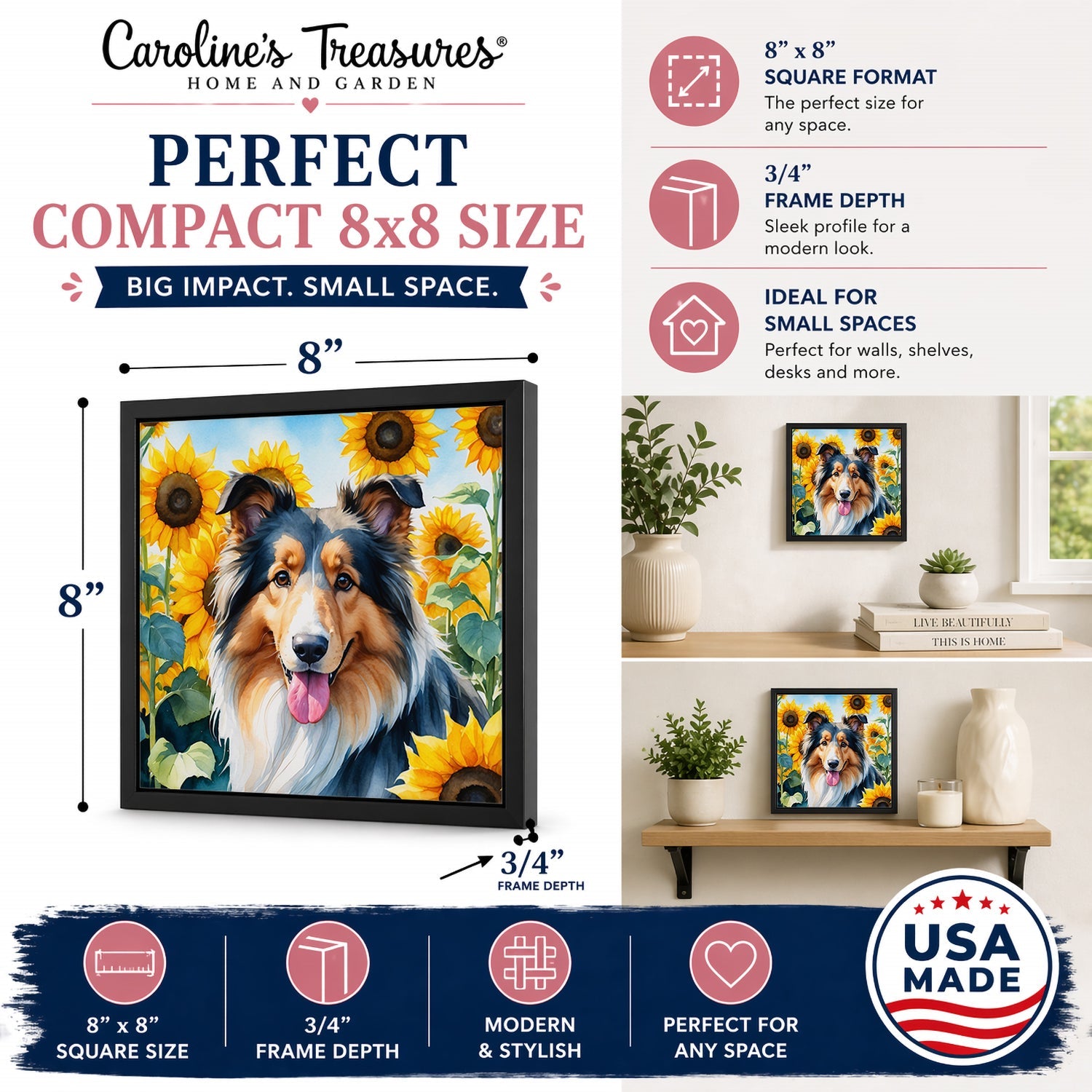 Collie in Sunflowers Framed Metal Print Bathroom, Kitchen, Office, Home Decor Wall Art Ready to Hang, Square, 8X8