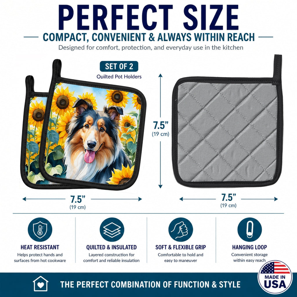 Collie in Sunflowers Pot Holder Set of 2 Heat Resistant Quilted Hot Pads 7.5 x 7.5 Inch, Insulated Kitchen Trivets for Cooking & Baking