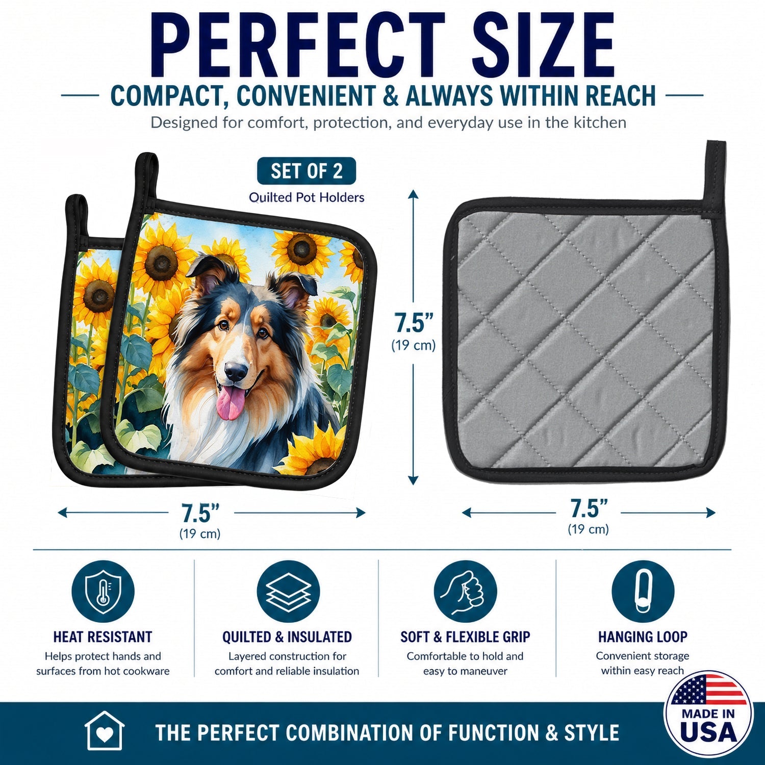 Collie in Sunflowers Pot Holder Set of 2 Heat Resistant Quilted Hot Pads 7.5 x 7.5 Inch, Insulated Kitchen Trivets for Cooking & Baking