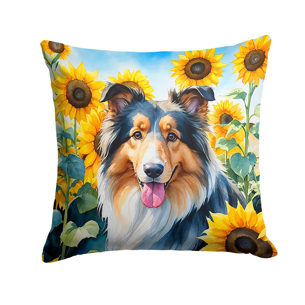 Collie in Sunflowers Decorative Throw Pillow 14x14 Indoor Outdoor Accent Cushion, Fabric Cover with Insert for Sofa, Bed, Porch & Living Room