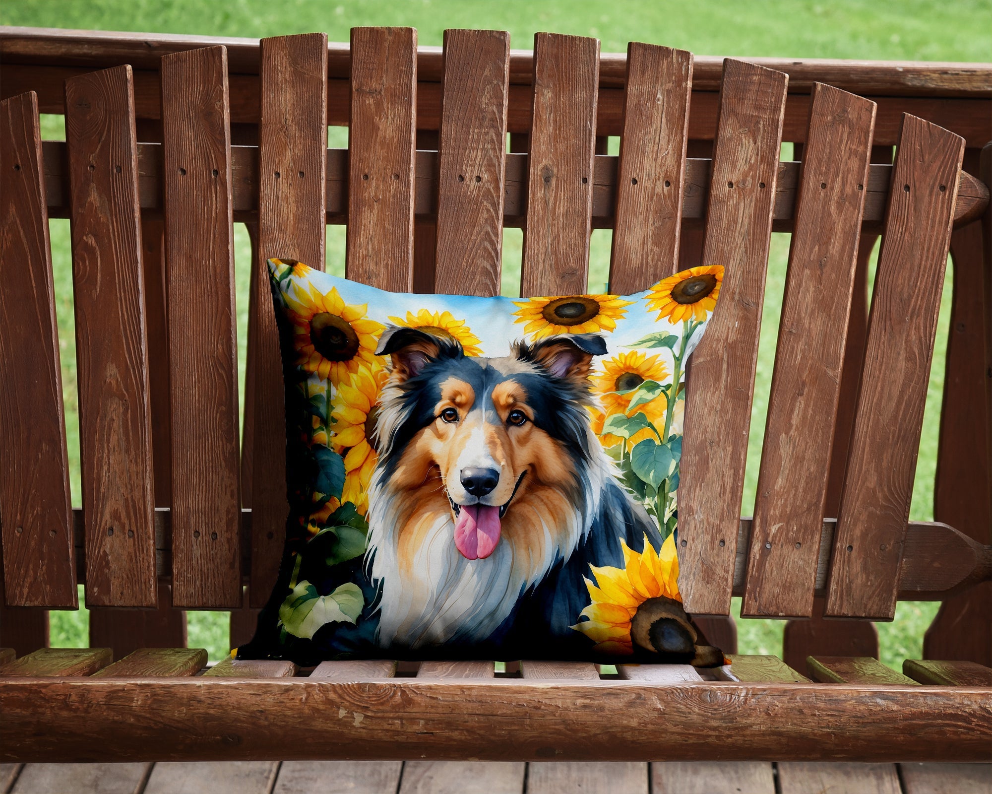 Collie in Sunflowers Decorative Throw Pillow 14x14 Indoor Outdoor Accent Cushion, Fabric Cover with Insert for Sofa, Bed, Porch & Living Room