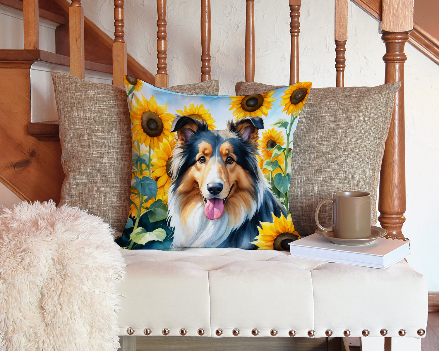 Collie in Sunflowers Decorative Throw Pillow 14x14 Indoor Outdoor Accent Cushion, Fabric Cover with Insert for Sofa, Bed, Porch & Living Room