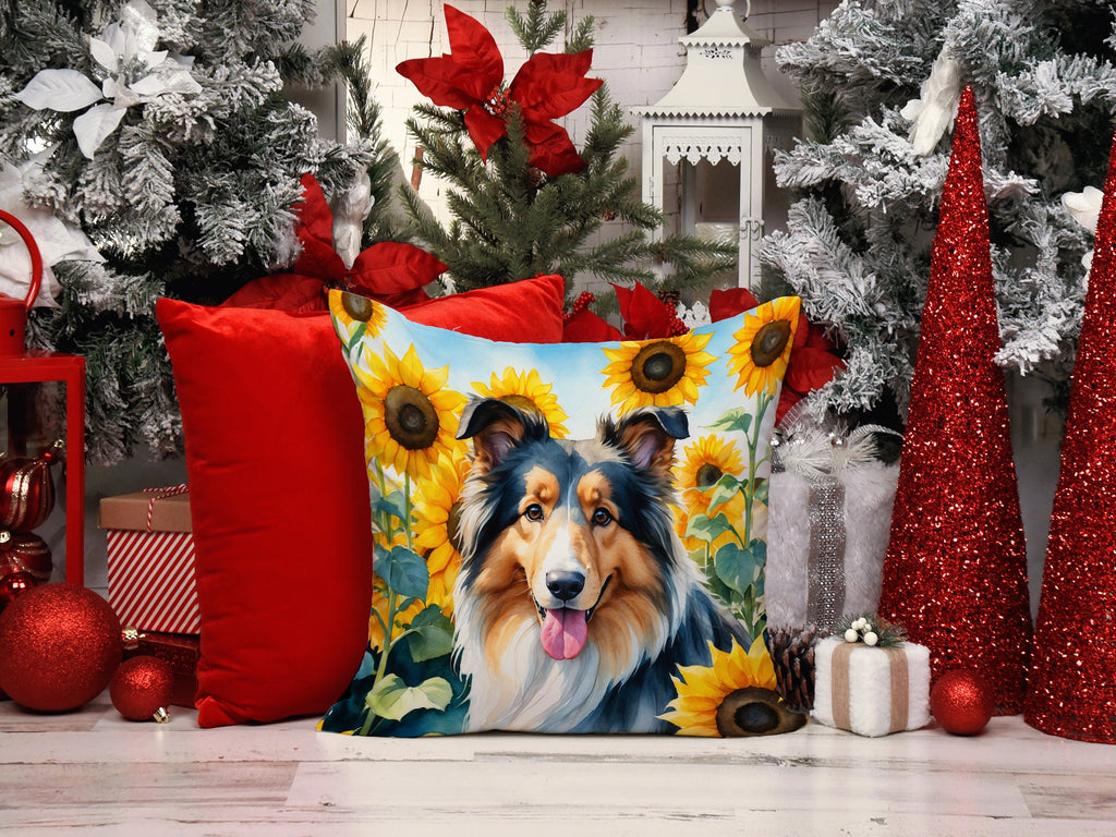 Collie in Sunflowers Decorative Throw Pillow 14x14 Indoor Outdoor Accent Cushion, Fabric Cover with Insert for Sofa, Bed, Porch & Living Room