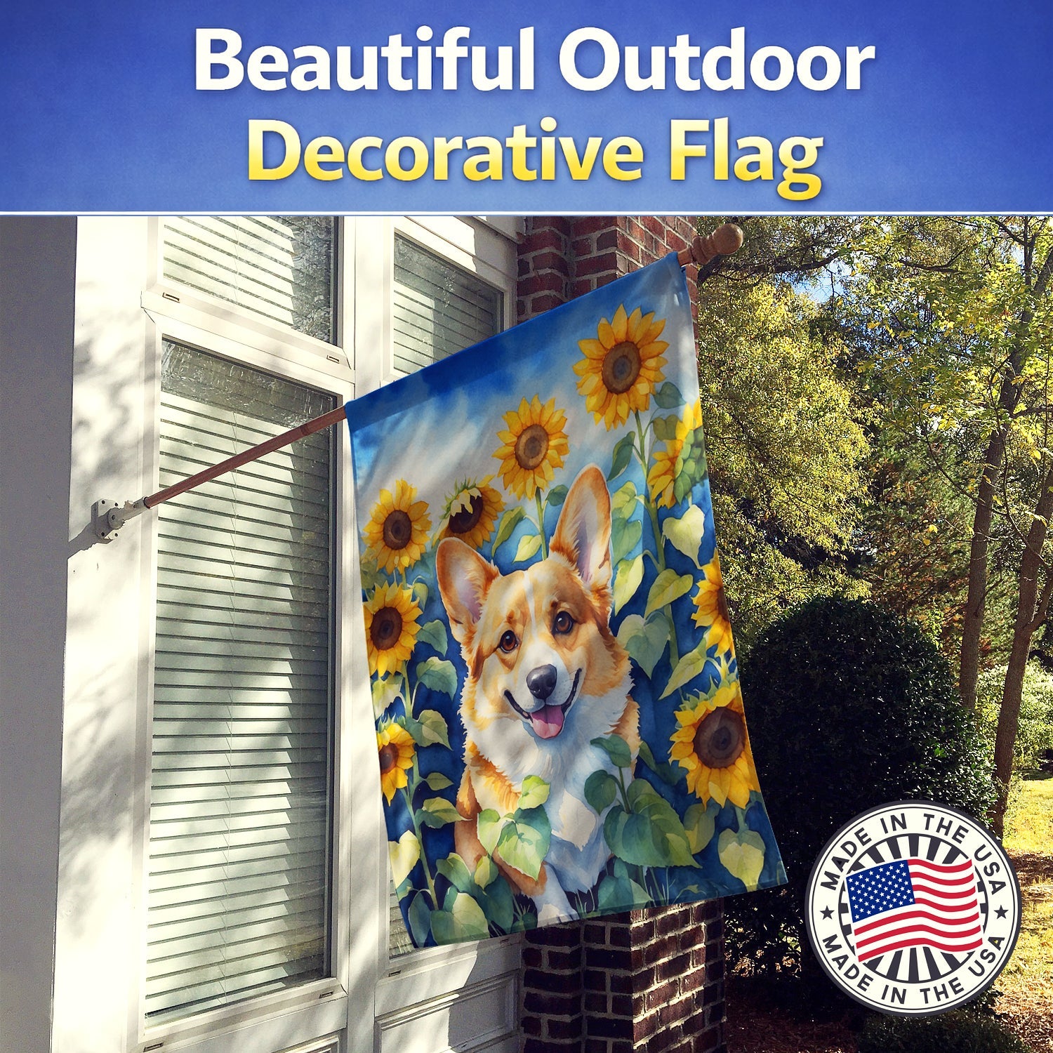 Corgi in Sunflowers House Flag 28x40 Porch Sleeve Pole Decorative Outside Yard Banner Artwork Wall Hanging, Polyester