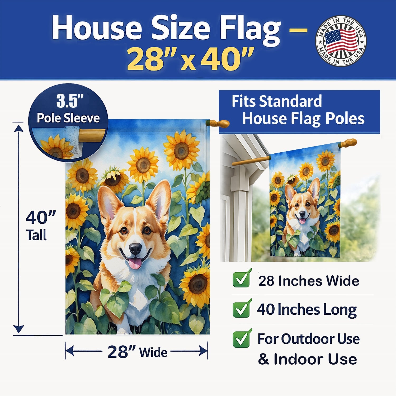 Corgi in Sunflowers House Flag 28x40 Porch Sleeve Pole Decorative Outside Yard Banner Artwork Wall Hanging, Polyester