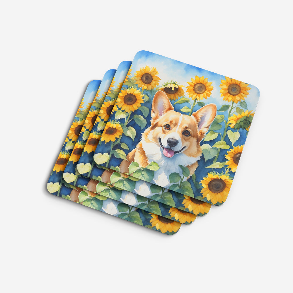 Corgi in Sunflowers Foam Coasters Set of 4 Cup Coasters for Indoor Outdoor, Tabletop Protection, Anti Slip, Mouse pad Material