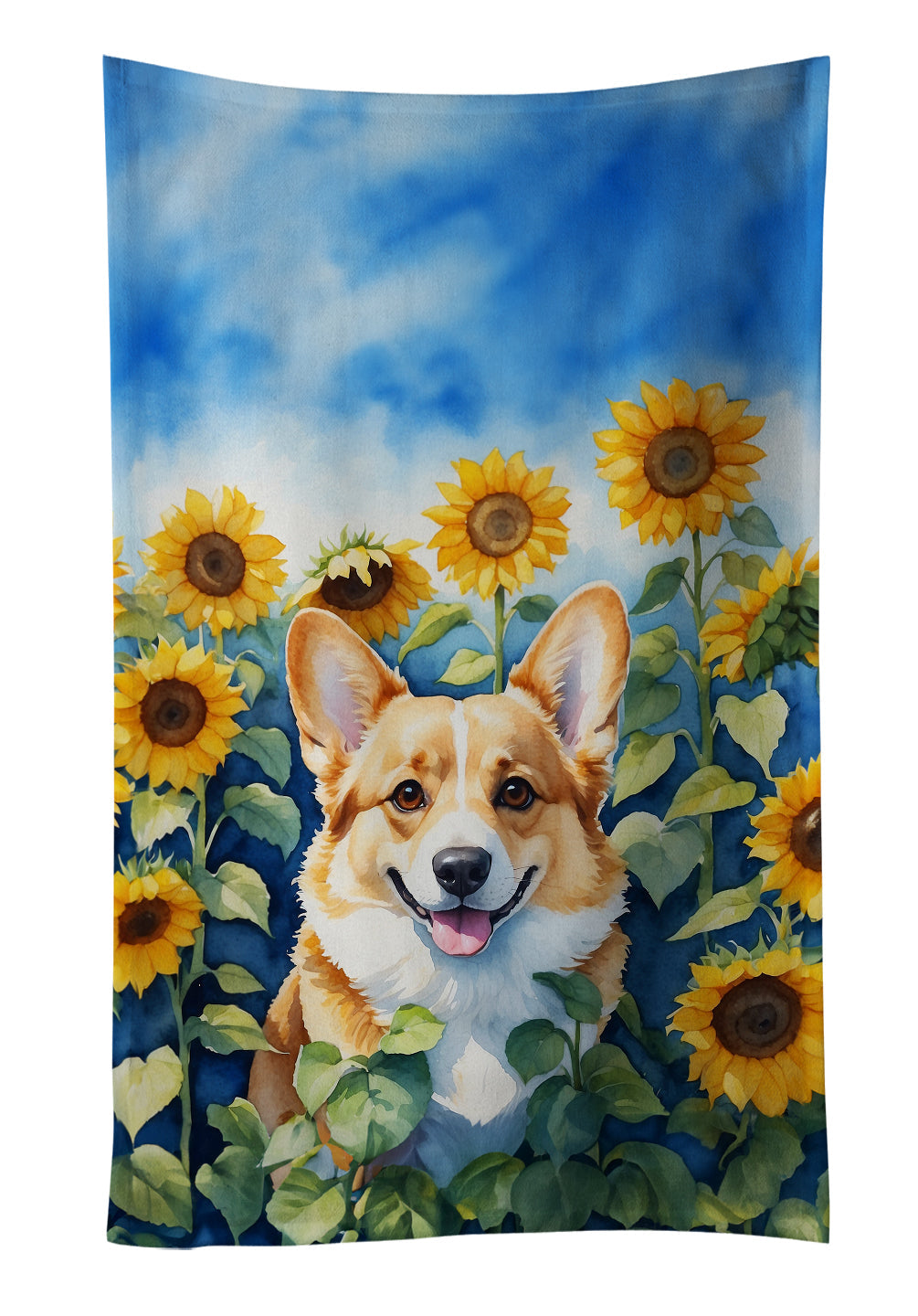 Corgi in Sunflowers Kitchen Towel Velour Plush Front and Cotton Loop Back Machine Washable
