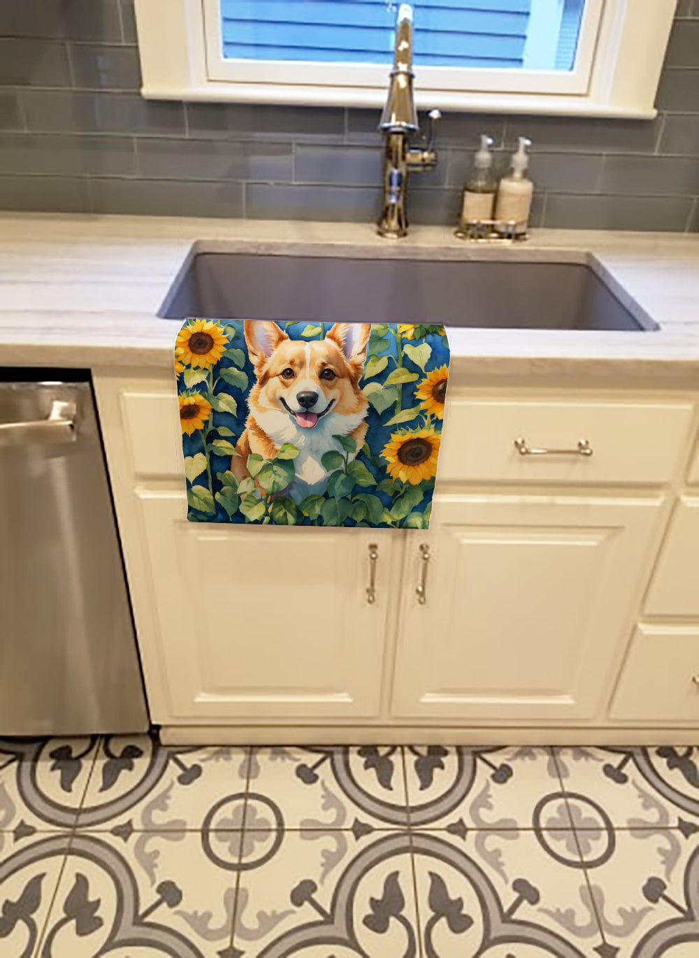 Corgi in Sunflowers Kitchen Towel Velour Plush Front and Cotton Loop Back Machine Washable