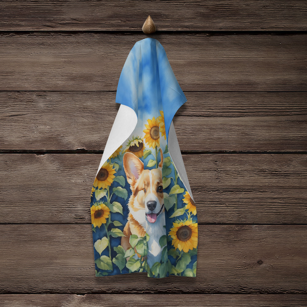 Corgi in Sunflowers Kitchen Towel Velour Plush Front and Cotton Loop Back Machine Washable