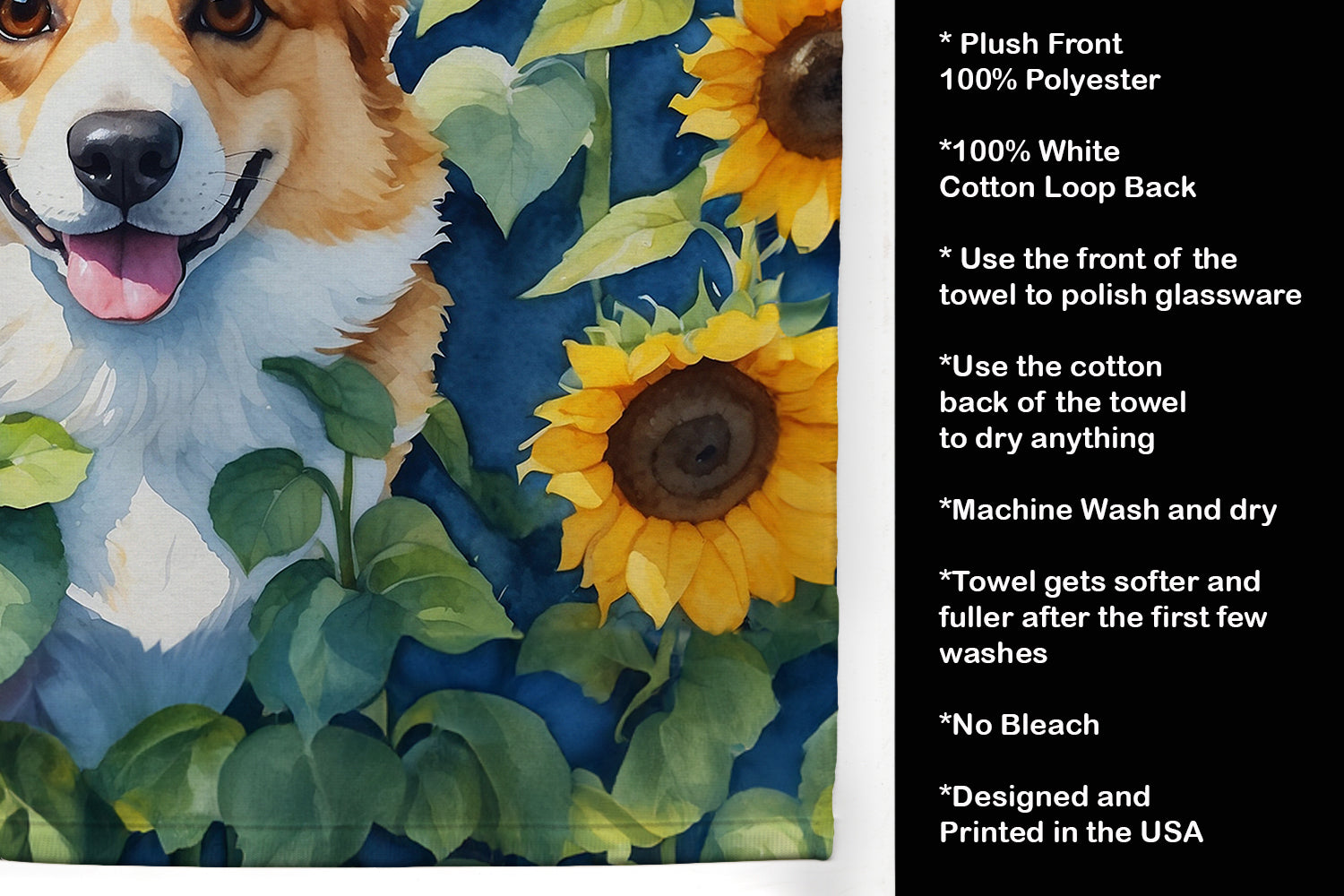 Corgi in Sunflowers Kitchen Towel Velour Plush Front and Cotton Loop Back Machine Washable
