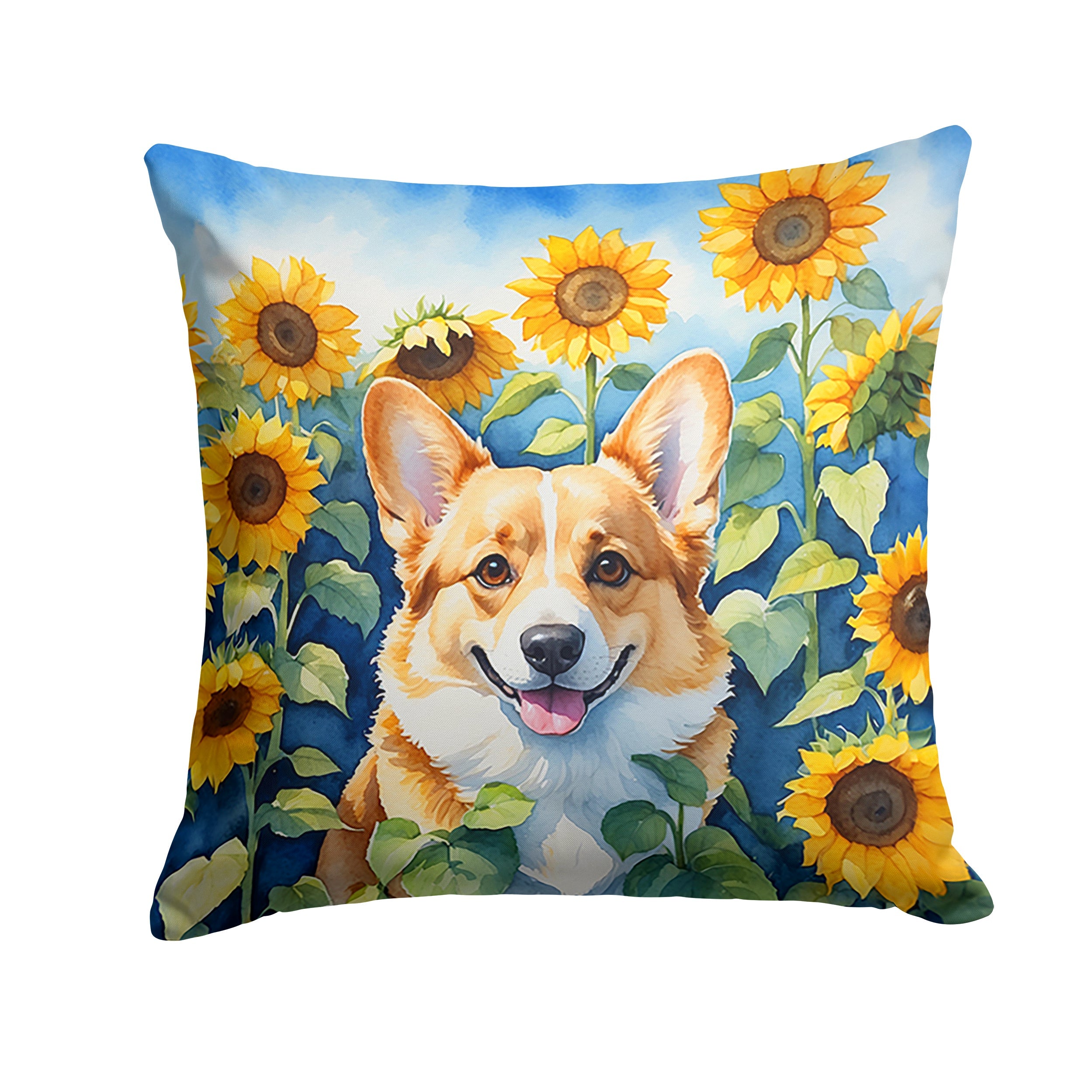Corgi in Sunflowers Decorative Throw Pillow 14x14 Indoor Outdoor Accent Cushion, Fabric Cover with Insert for Sofa, Bed, Porch & Living Room