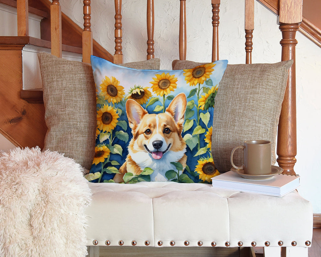 Corgi in Sunflowers Decorative Throw Pillow 14x14 Indoor Outdoor Accent Cushion, Fabric Cover with Insert for Sofa, Bed, Porch & Living Room