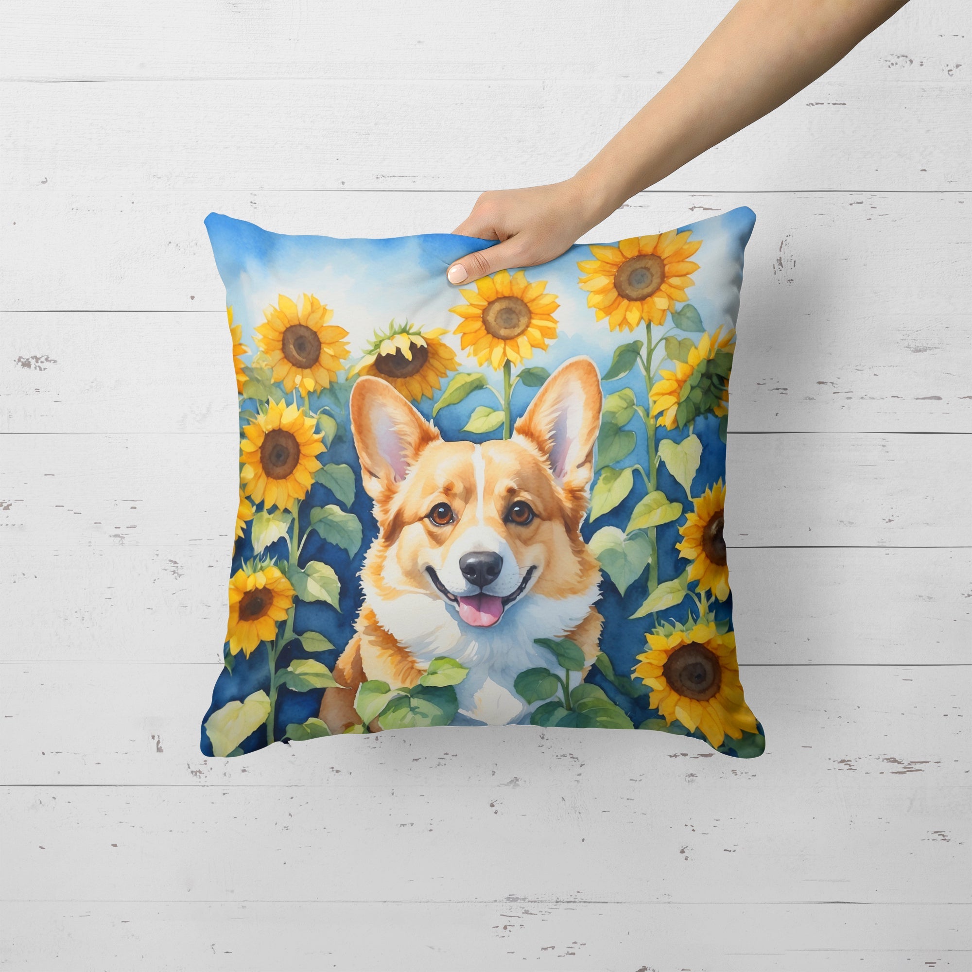 Corgi in Sunflowers Decorative Throw Pillow 18x18 Indoor Outdoor Accent Cushion, Fabric Cover with Insert for Sofa, Bed, Porch & Living Room