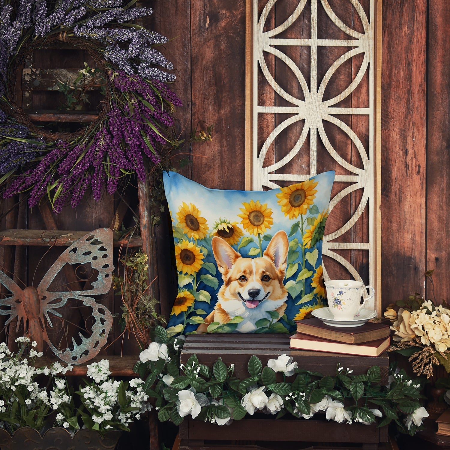 Corgi in Sunflowers Decorative Throw Pillow 18x18 Indoor Outdoor Accent Cushion, Fabric Cover with Insert for Sofa, Bed, Porch & Living Room