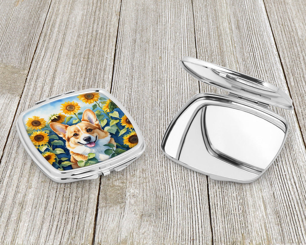 Corgi in Sunflowers Compact Mirror Decorative Travel Makeup Mirror for Women Girls Gifts Pocket Makeup Mirror Folding Handheld