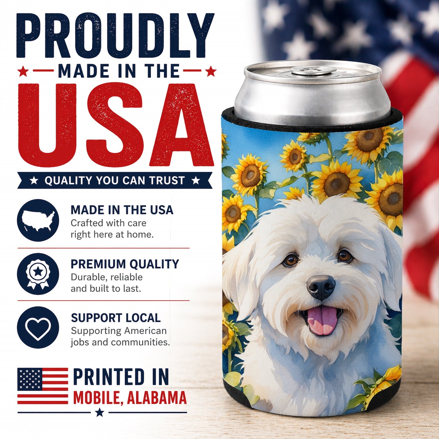 Coton de Tulear in Sunflowers Can or Bottle Hugger Cooler Sleeve for Standard 12 oz Cans, Insulated Foam Beer & Soda Can Hugger Reusable