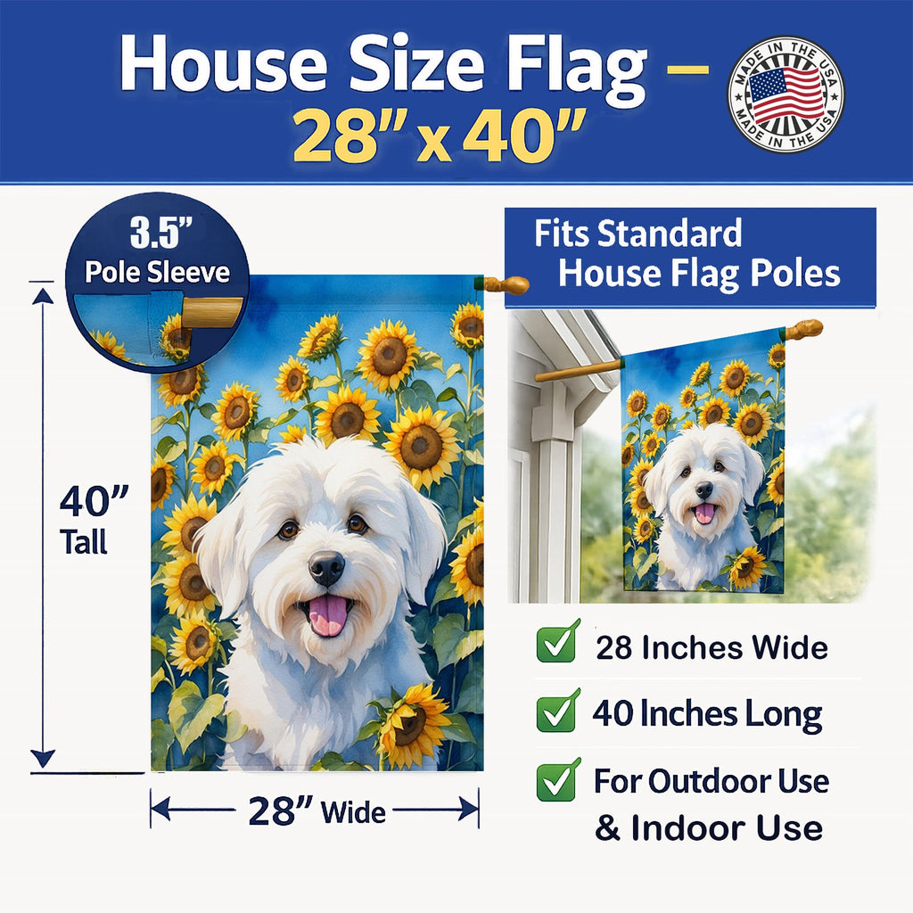 Coton de Tulear in Sunflowers House Flag 28x40 Porch Sleeve Pole Decorative Outside Yard Banner Artwork Wall Hanging, Polyester