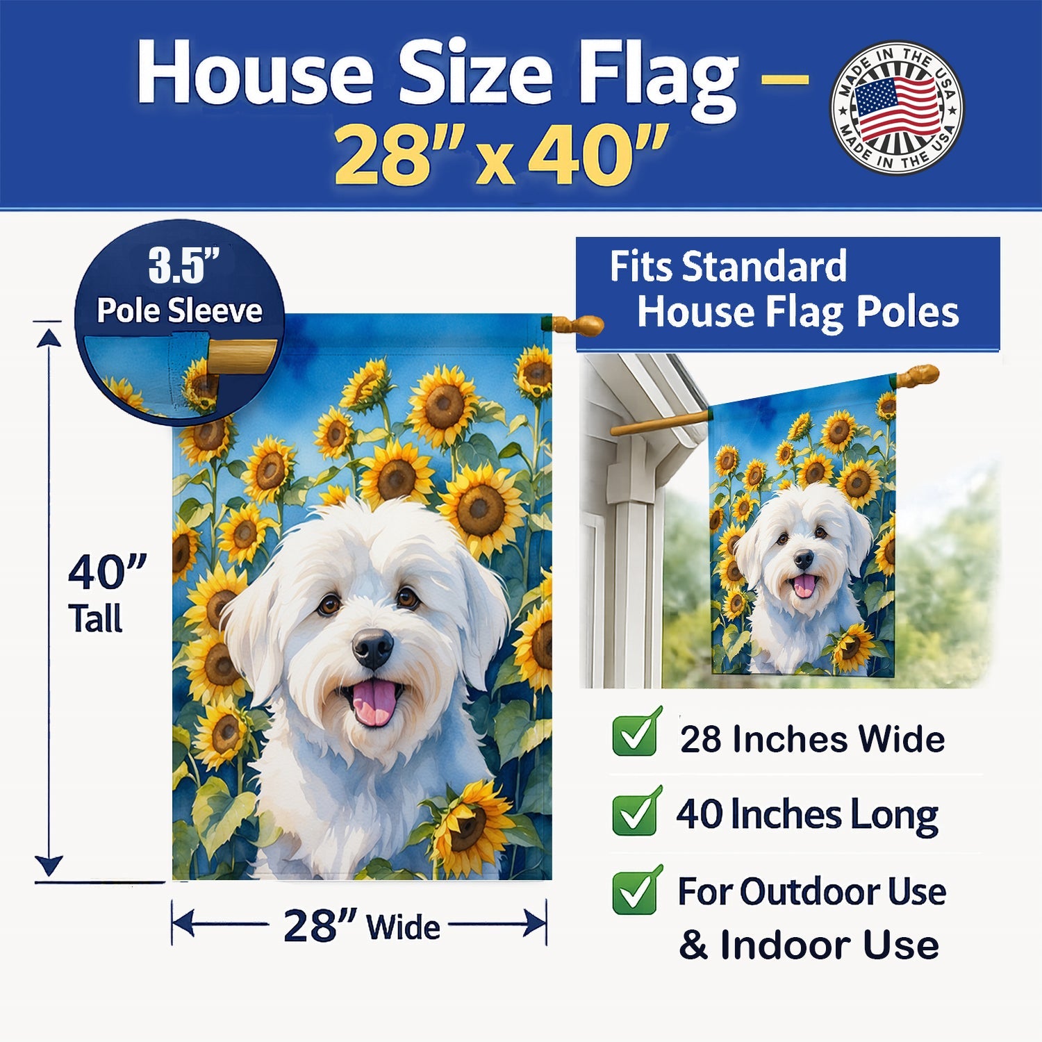 Coton de Tulear in Sunflowers House Flag 28x40 Porch Sleeve Pole Decorative Outside Yard Banner Artwork Wall Hanging, Polyester