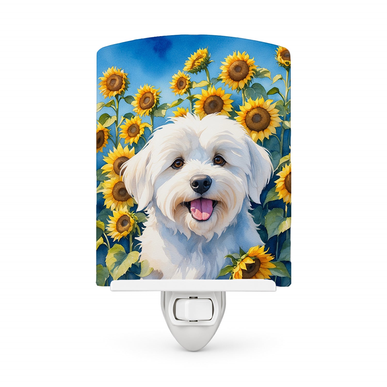 Coton de Tulear in Sunflowers Ceramic Night Light Compact, UL-Certified, Ideal for Bedroom, Bathroom, Nursery, Hallway, Kitchen, 6x4x3, Multicolor