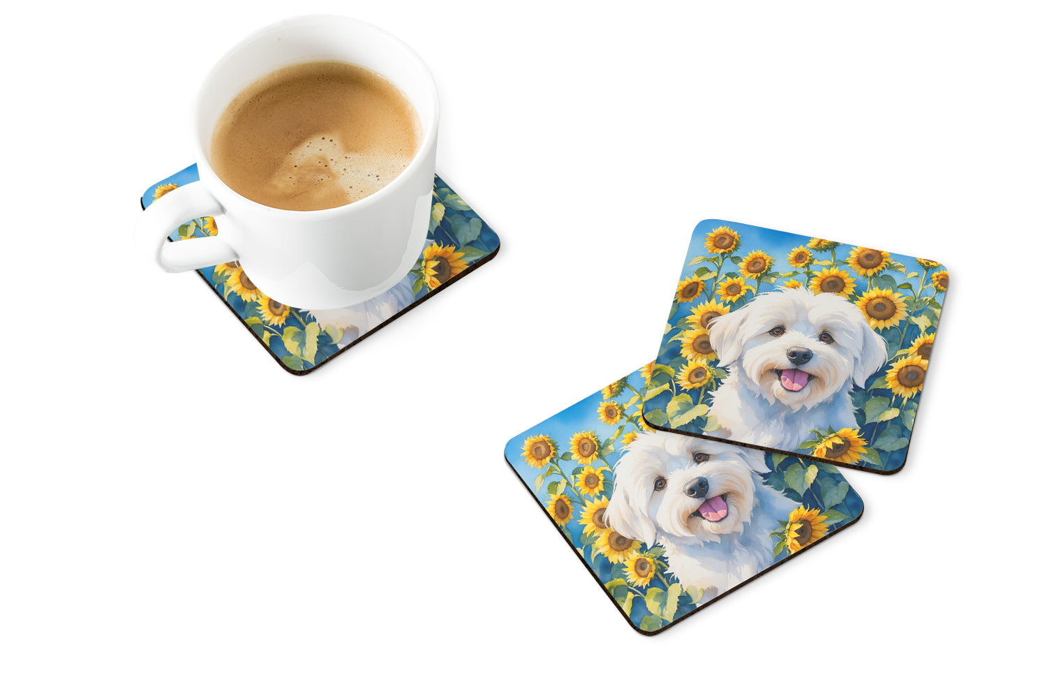 Coton de Tulear in Sunflowers Foam Coasters Set of 4 Cup Coasters for Indoor Outdoor, Tabletop Protection, Anti Slip, Mouse pad Material