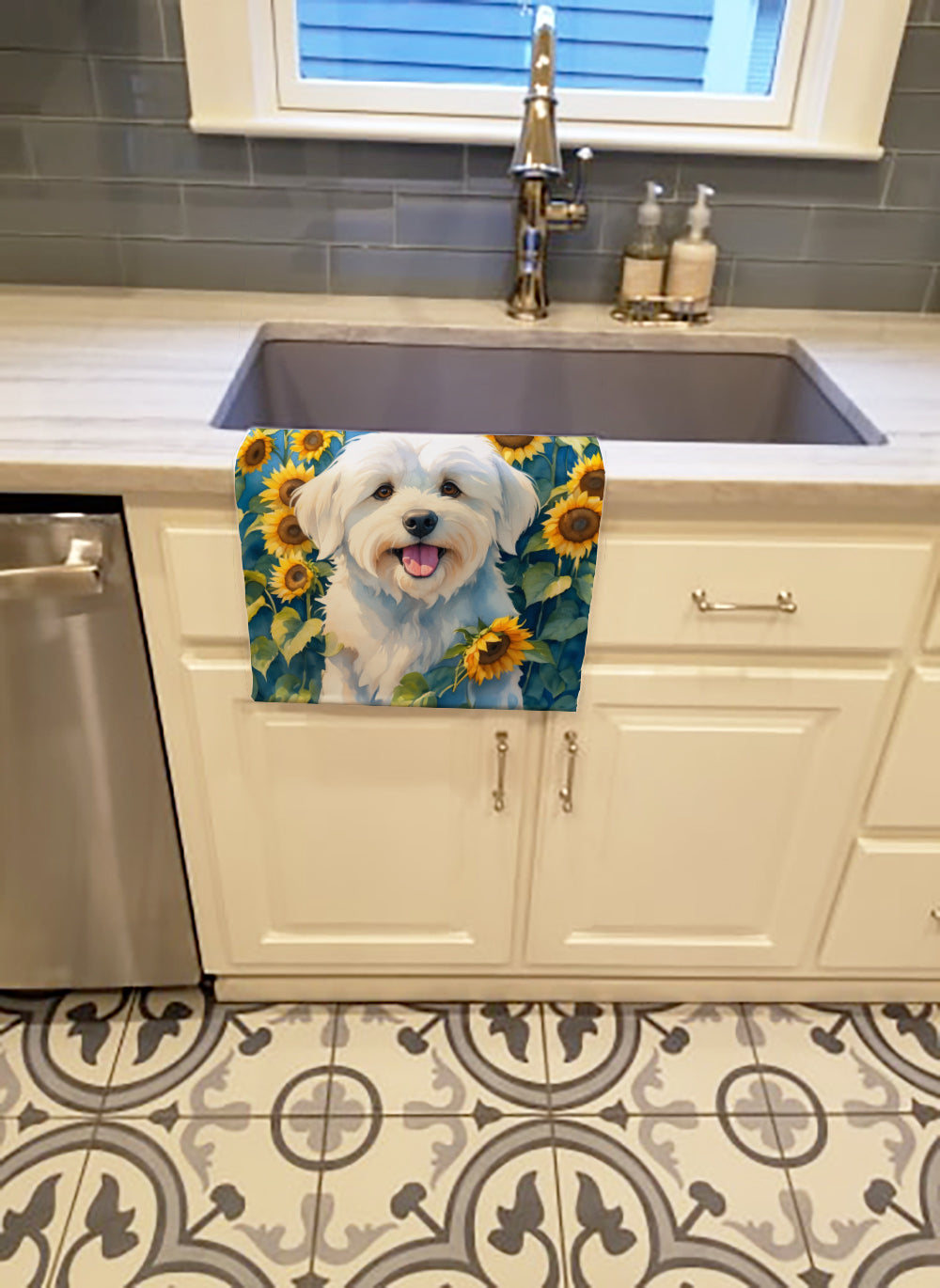 Coton de Tulear in Sunflowers Kitchen Towel Velour Plush Front and Cotton Loop Back Machine Washable