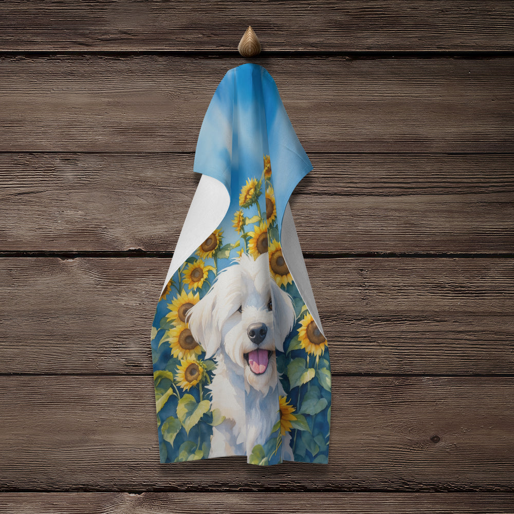 Coton de Tulear in Sunflowers Kitchen Towel Velour Plush Front and Cotton Loop Back Machine Washable