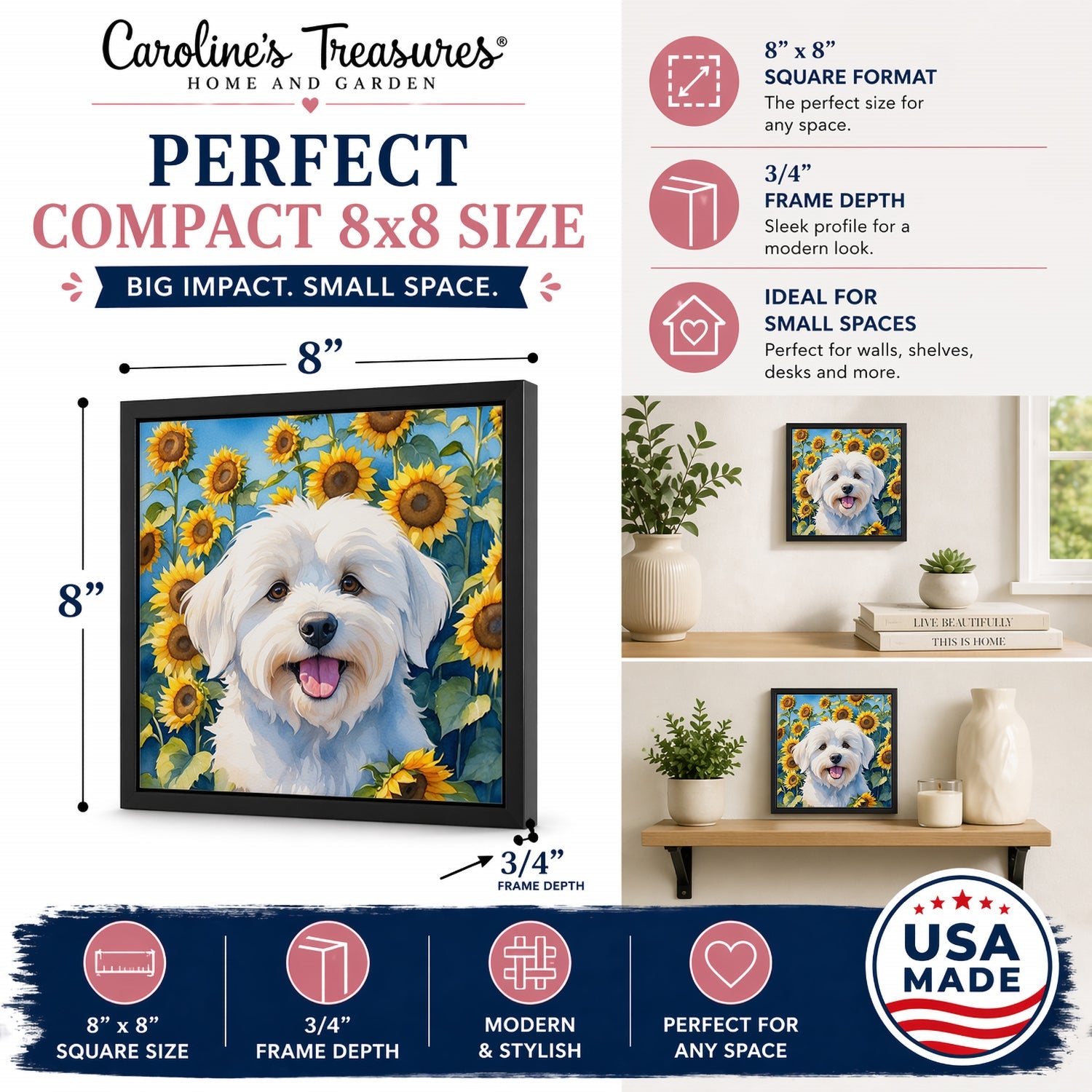 Coton de Tulear in Sunflowers Framed Metal Print Bathroom, Kitchen, Office, Home Decor Wall Art Ready to Hang, Square, 8X8