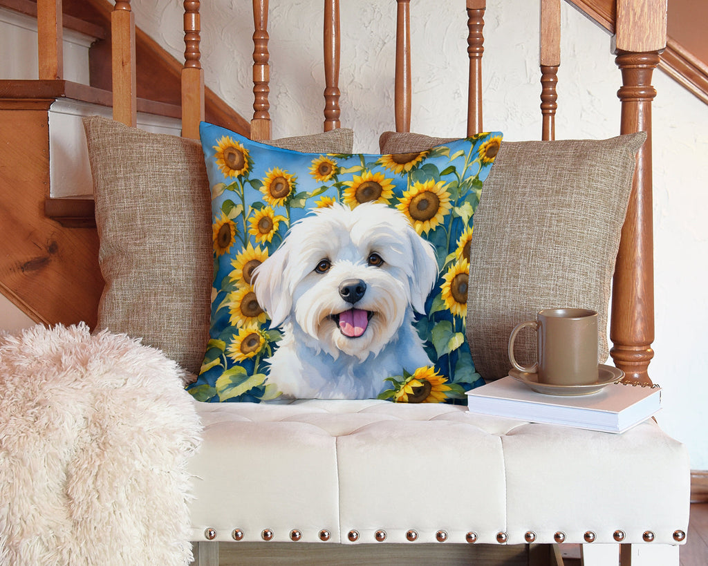 Coton de Tulear in Sunflowers Decorative Throw Pillow 14x14 Indoor Outdoor Accent Cushion, Fabric Cover with Insert for Sofa, Bed, Porch & Living Room