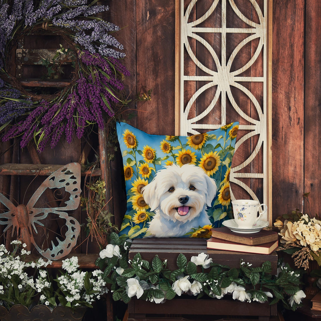 Coton de Tulear in Sunflowers Decorative Throw Pillow 18x18 Indoor Outdoor Accent Cushion, Fabric Cover with Insert for Sofa, Bed, Porch & Living Room