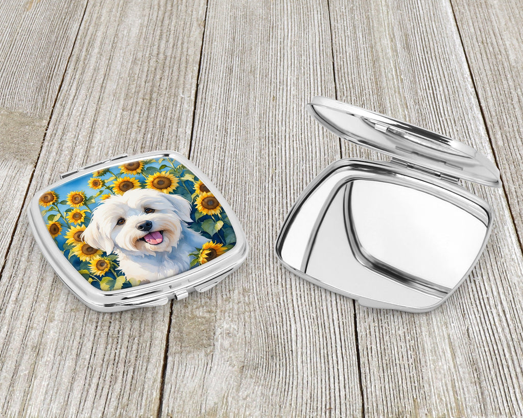 Coton de Tulear in Sunflowers Compact Mirror Decorative Travel Makeup Mirror for Women Girls Gifts Pocket Makeup Mirror Folding Handheld
