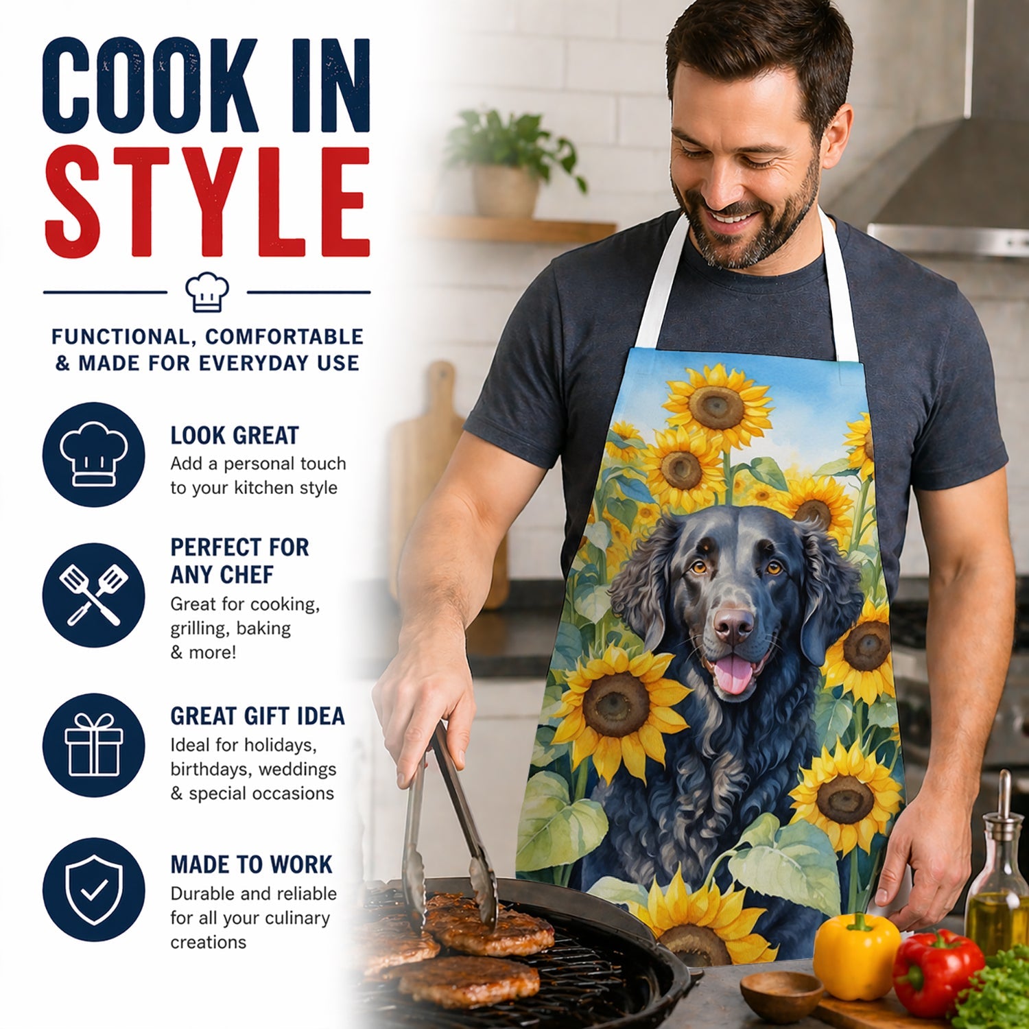 Curly-Coated Retriever in Sunflowers Apron Cooking Kitchen Server Baking Crafts Gardening for Adult Women Men, Unisex, Large, Multicolor