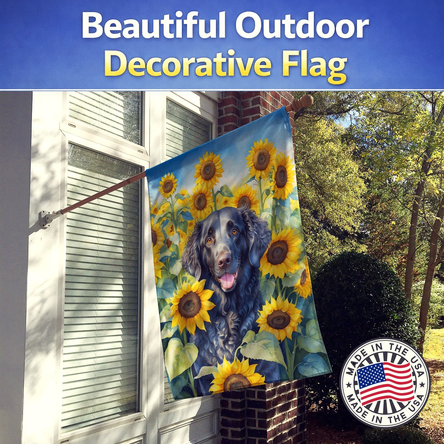 Curly-Coated Retriever in Sunflowers House Flag 28x40 Porch Sleeve Pole Decorative Outside Yard Banner Artwork Wall Hanging, Polyester