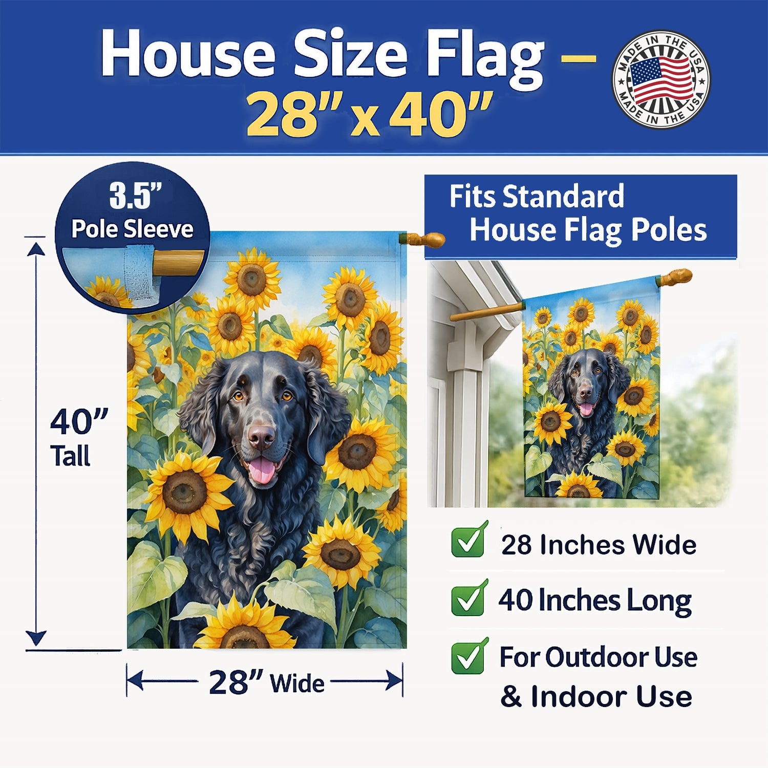 Curly-Coated Retriever in Sunflowers House Flag 28x40 Porch Sleeve Pole Decorative Outside Yard Banner Artwork Wall Hanging, Polyester