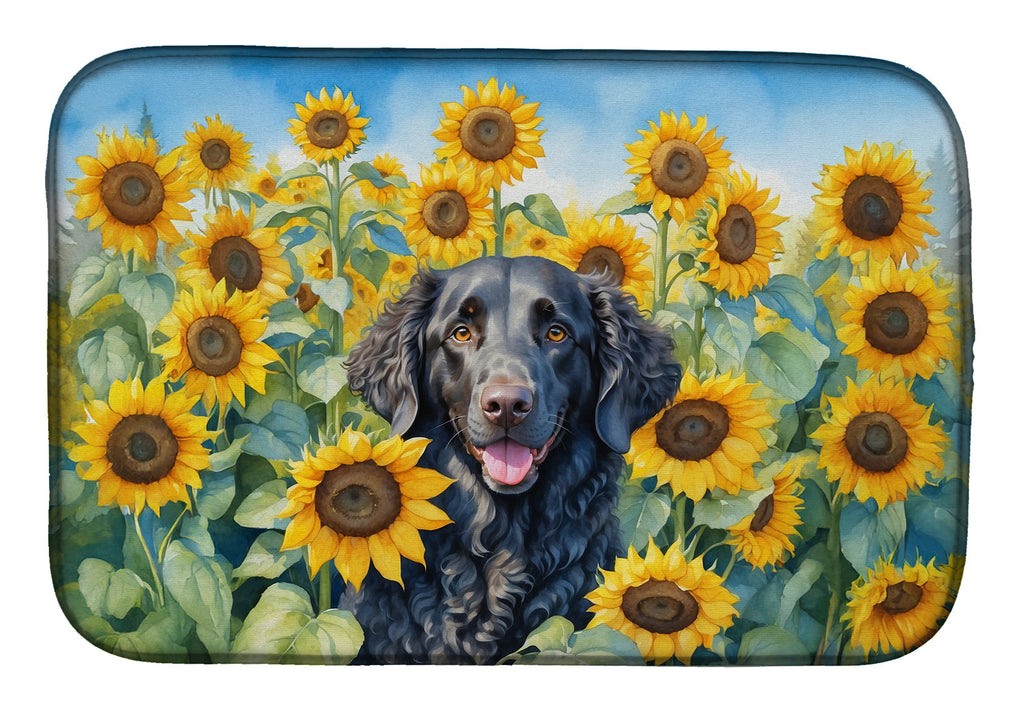 Curly-Coated Retriever in Sunflowers Dish Drying Mat Absorbent Dish Drying Mat Pad for Kitchen Counter Dish Drainer Mat for Countertop, 14 x 21", Multicolor