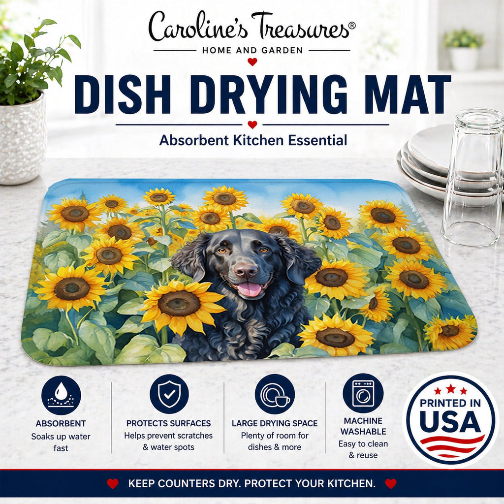 Curly-Coated Retriever in Sunflowers Dish Drying Mat Absorbent Dish Drying Mat Pad for Kitchen Counter Dish Drainer Mat for Countertop, 14 x 21", Multicolor