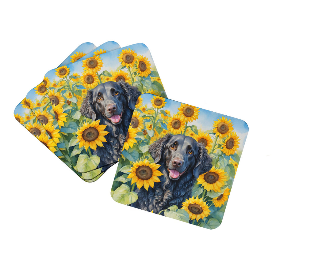 Curly-Coated Retriever in Sunflowers Foam Coasters Set of 4 Cup Coasters for Indoor Outdoor, Tabletop Protection, Anti Slip, Mouse pad Material