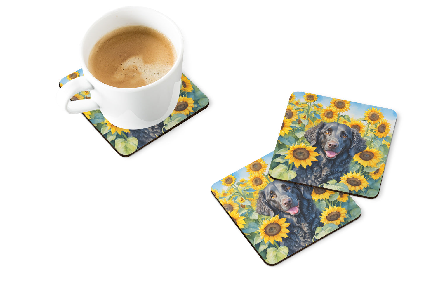 Curly-Coated Retriever in Sunflowers Foam Coasters Set of 4 Cup Coasters for Indoor Outdoor, Tabletop Protection, Anti Slip, Mouse pad Material