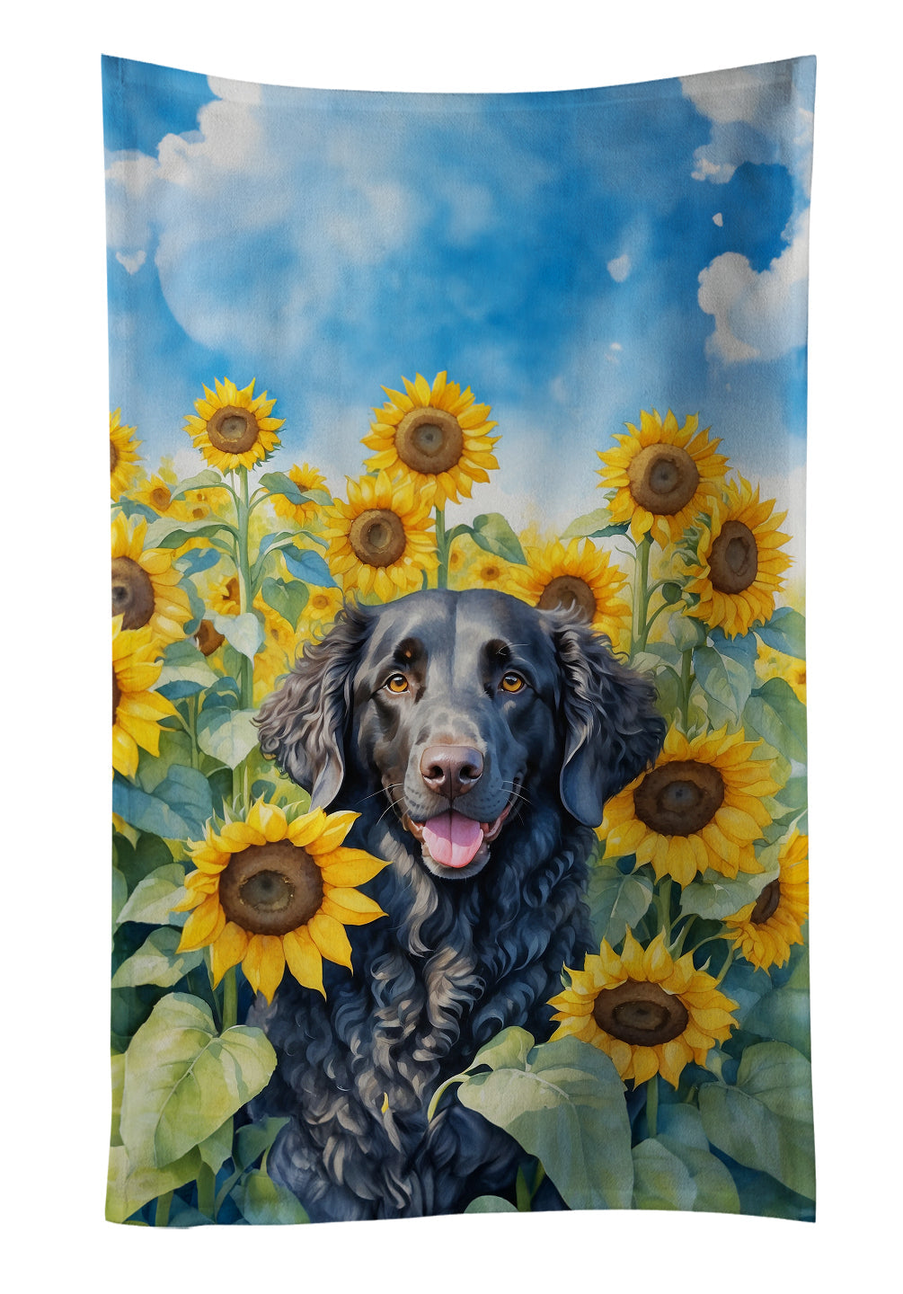 Curly-Coated Retriever in Sunflowers Kitchen Towel Velour Plush Front and Cotton Loop Back Machine Washable
