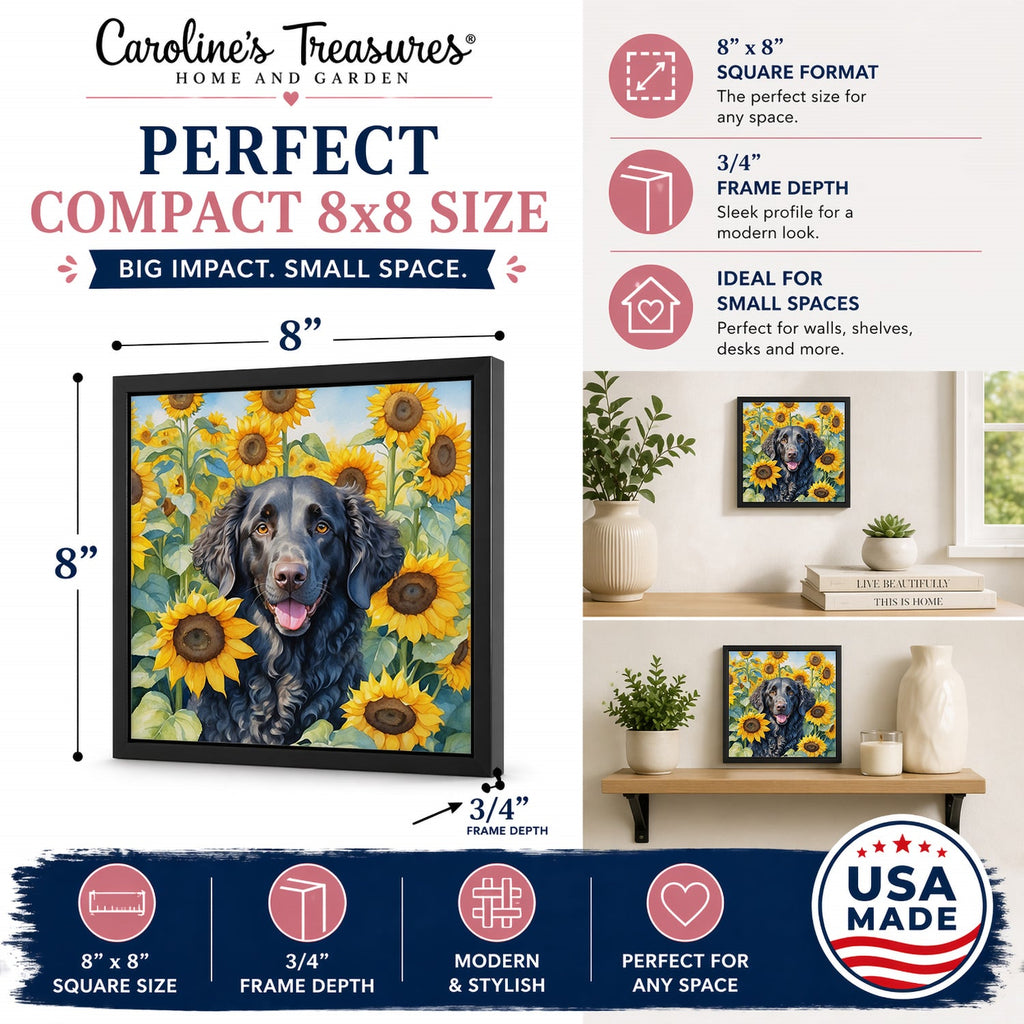 Curly-Coated Retriever in Sunflowers Framed Metal Print Bathroom, Kitchen, Office, Home Decor Wall Art Ready to Hang, Square, 8X8