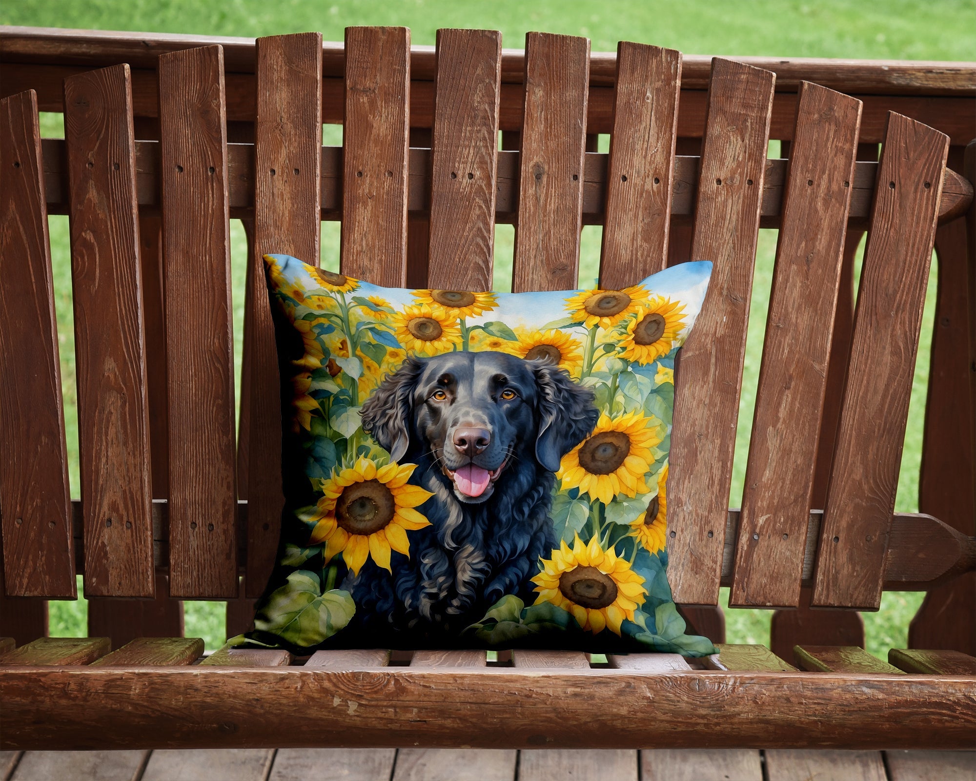 Curly-Coated Retriever in Sunflowers Decorative Throw Pillow 14x14 Indoor Outdoor Accent Cushion, Fabric Cover with Insert for Sofa, Bed, Porch & Living Room