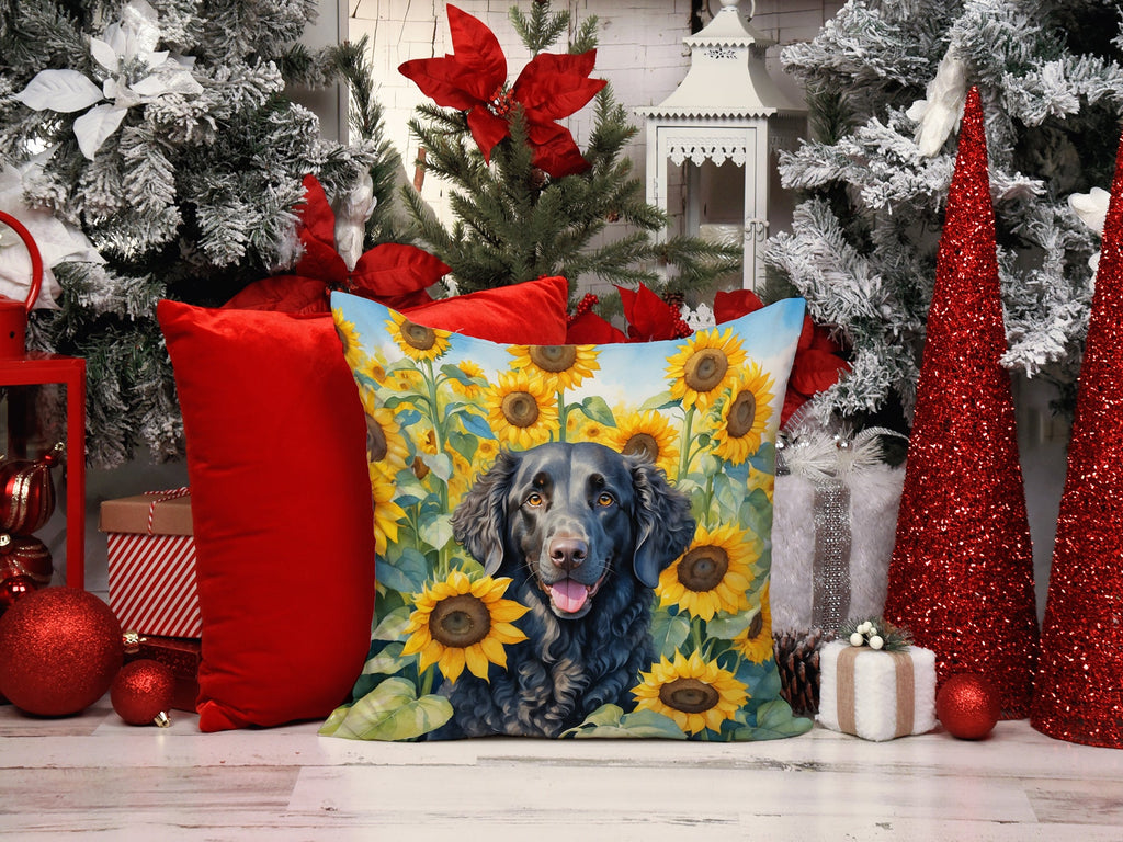 Curly-Coated Retriever in Sunflowers Decorative Throw Pillow 14x14 Indoor Outdoor Accent Cushion, Fabric Cover with Insert for Sofa, Bed, Porch & Living Room