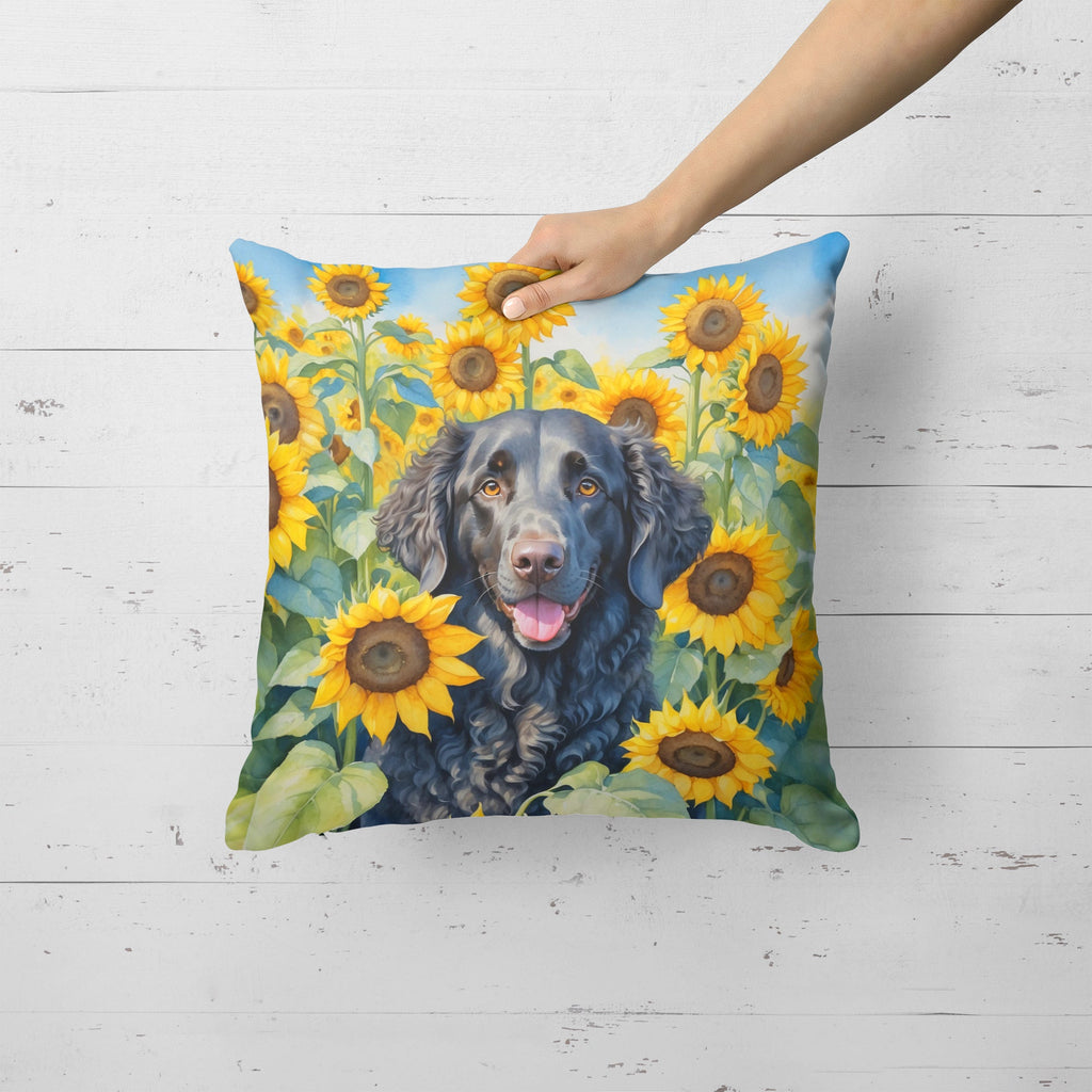 Curly-Coated Retriever in Sunflowers Decorative Throw Pillow 18x18 Indoor Outdoor Accent Cushion, Fabric Cover with Insert for Sofa, Bed, Porch & Living Room