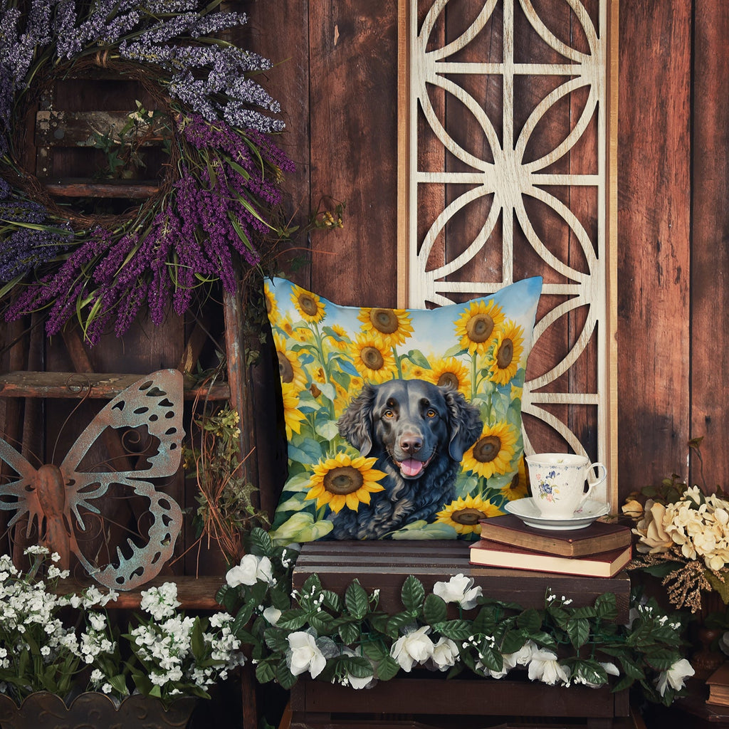 Curly-Coated Retriever in Sunflowers Decorative Throw Pillow 18x18 Indoor Outdoor Accent Cushion, Fabric Cover with Insert for Sofa, Bed, Porch & Living Room