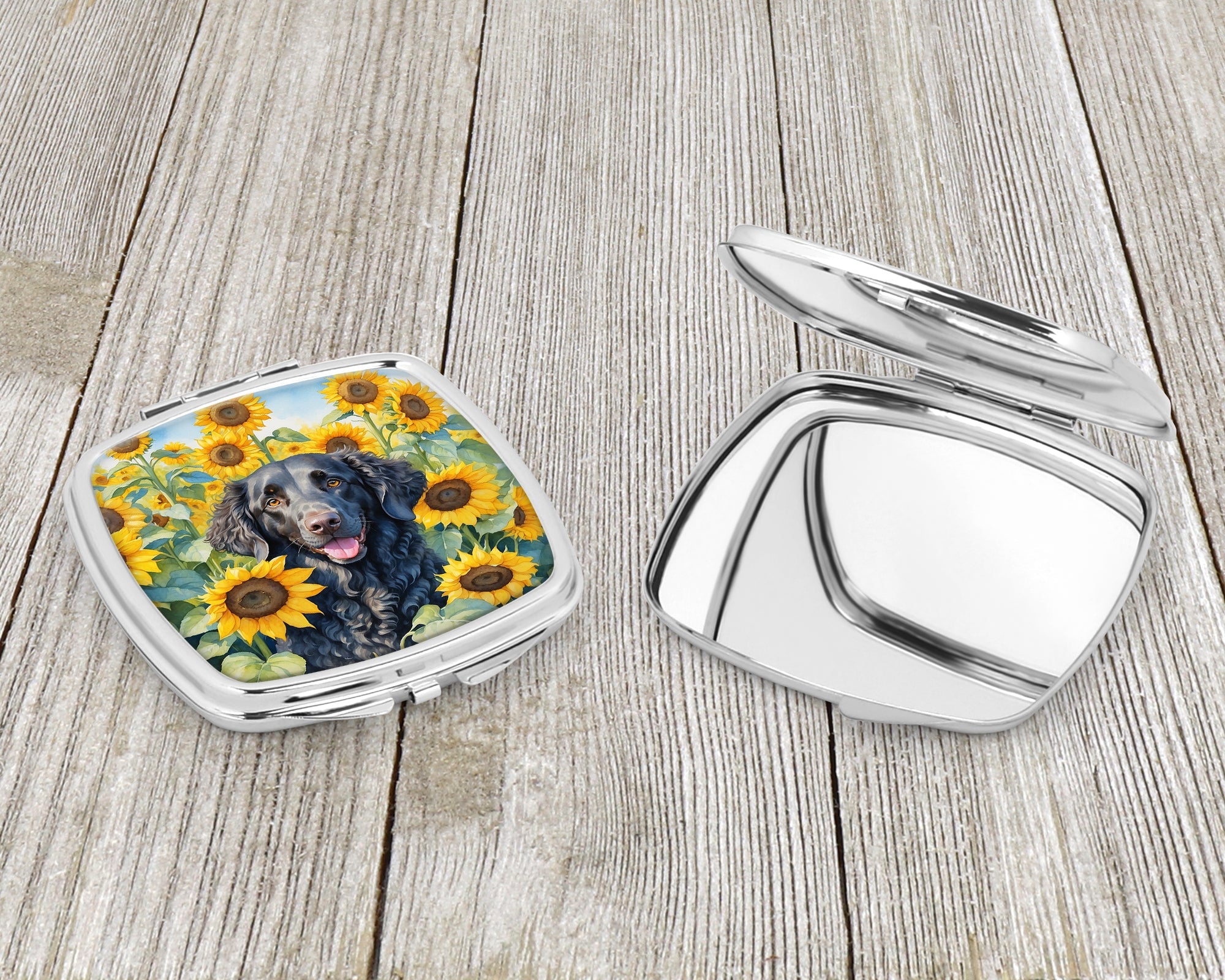 Curly-Coated Retriever in Sunflowers Compact Mirror Decorative Travel Makeup Mirror for Women Girls Gifts Pocket Makeup Mirror Folding Handheld