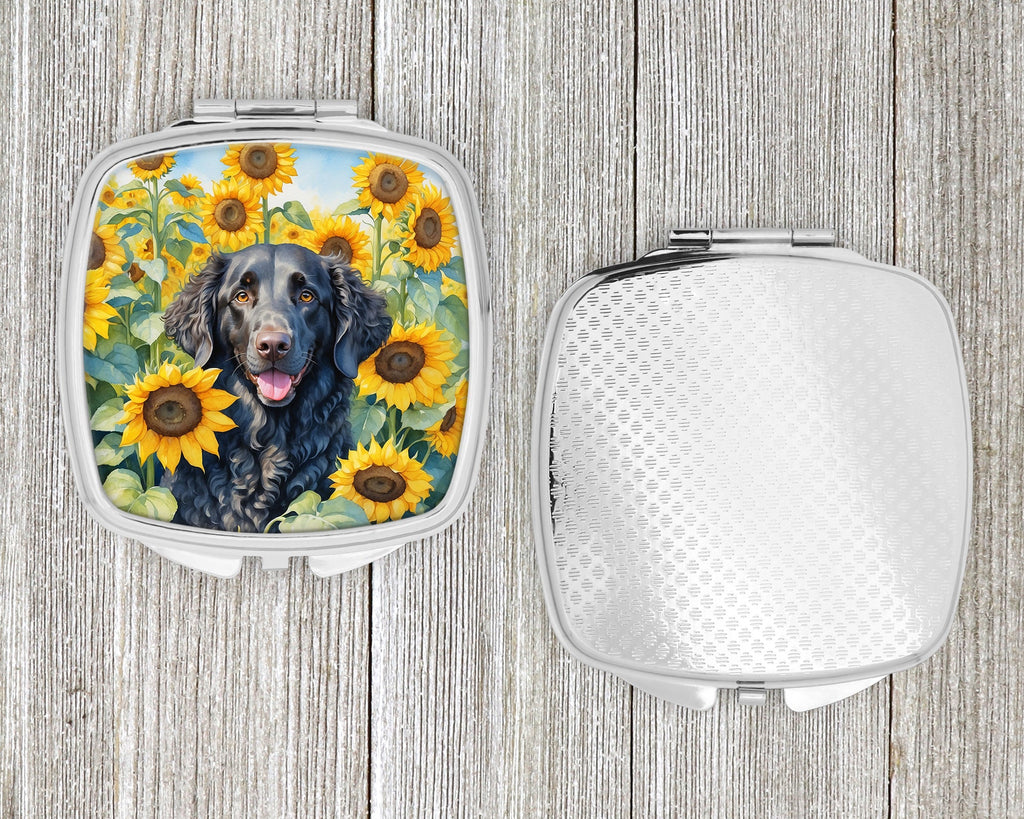 Curly-Coated Retriever in Sunflowers Compact Mirror Decorative Travel Makeup Mirror for Women Girls Gifts Pocket Makeup Mirror Folding Handheld